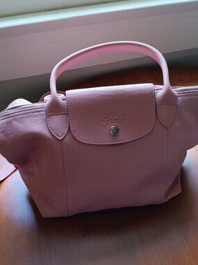 Longchamp LePliage Cuir Leather Top Handle Bag in Pink Mauve